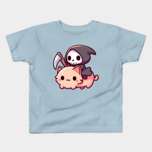 The Grim Reaper riding a cute cat Kids T-Shirt